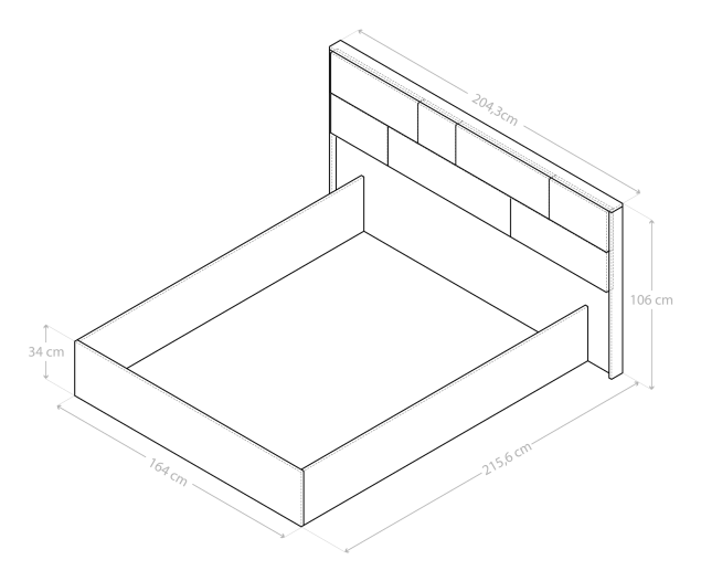 Bed: width 164, depth 216, height 106 centimetres