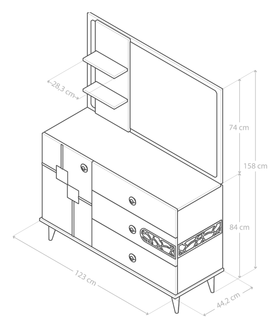 Dresser: width 123, depth 44, height 84 centimetres