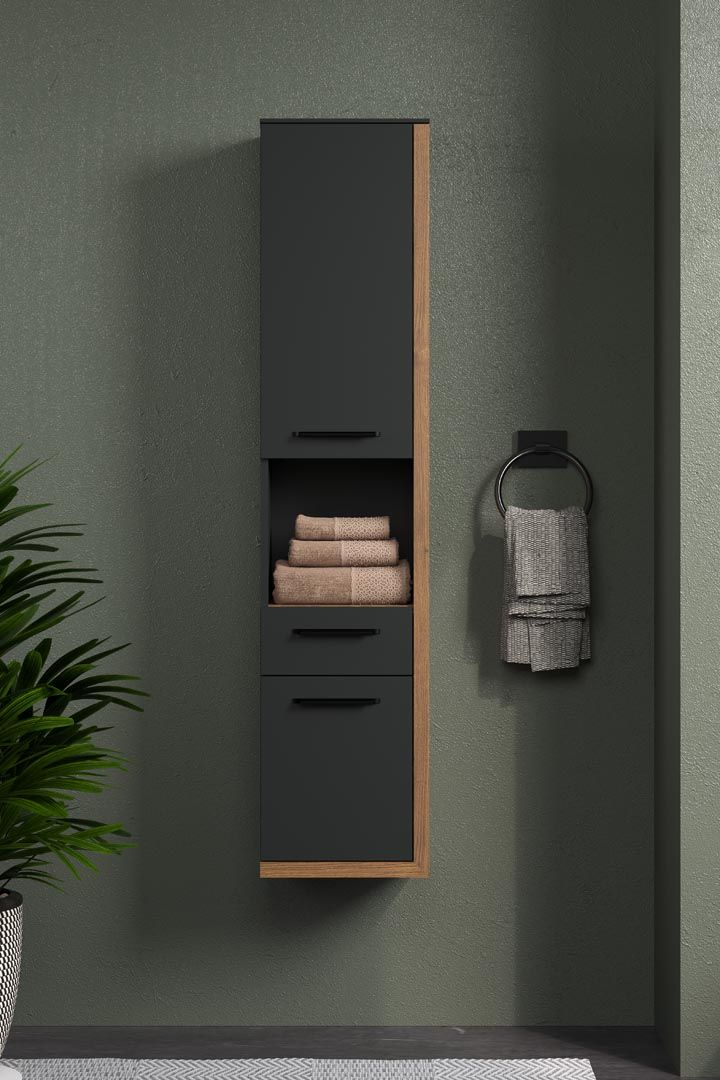 Slim wall-hung bathroom cabinet in dark grey with oak edging and an open shelf