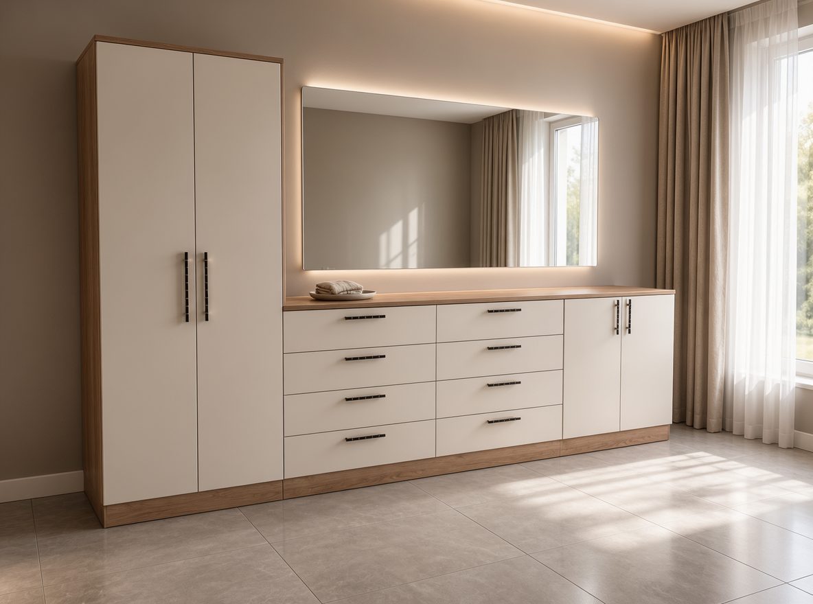 White wardrobe beside a long drawer unit under a wall mirror