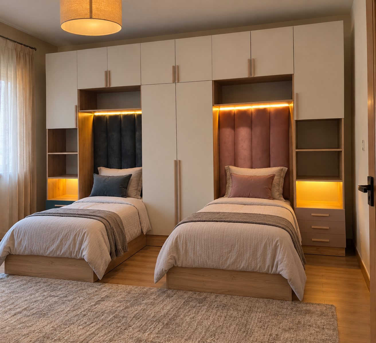 Bedroom with a white wardrobe wall and two single beds with lit headboards