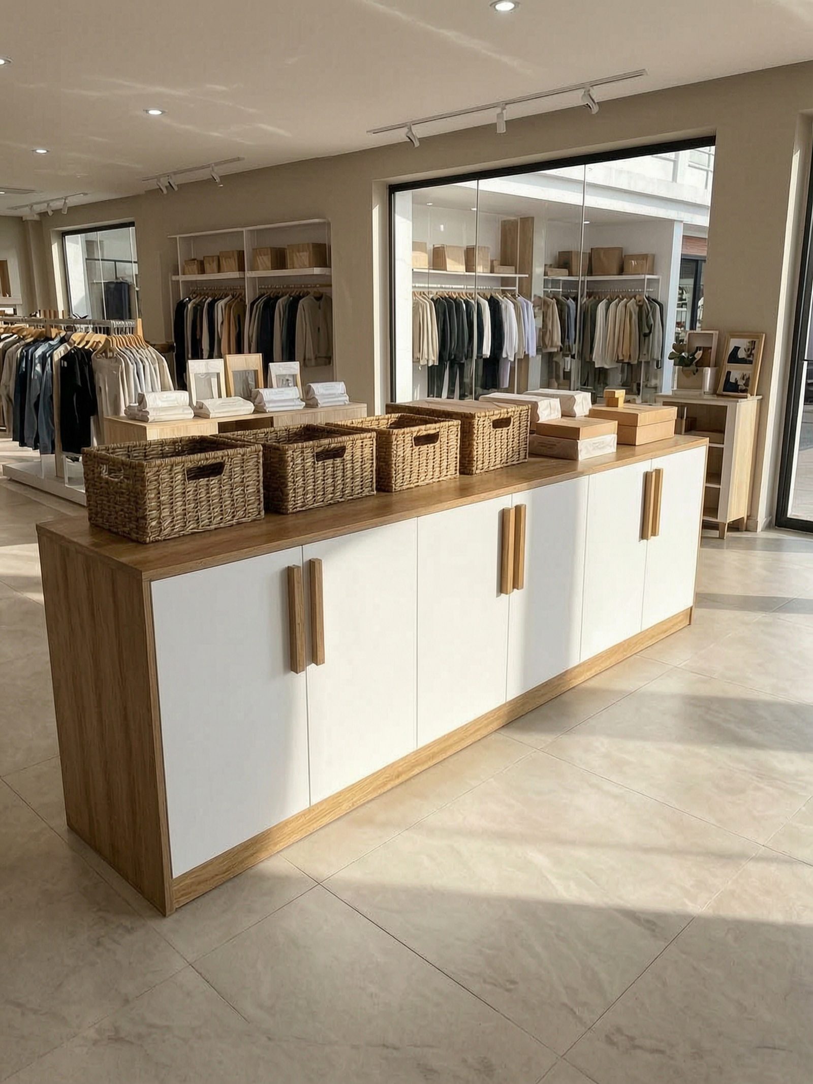 Shop counter with cream fronts and wood trim in a clothing store