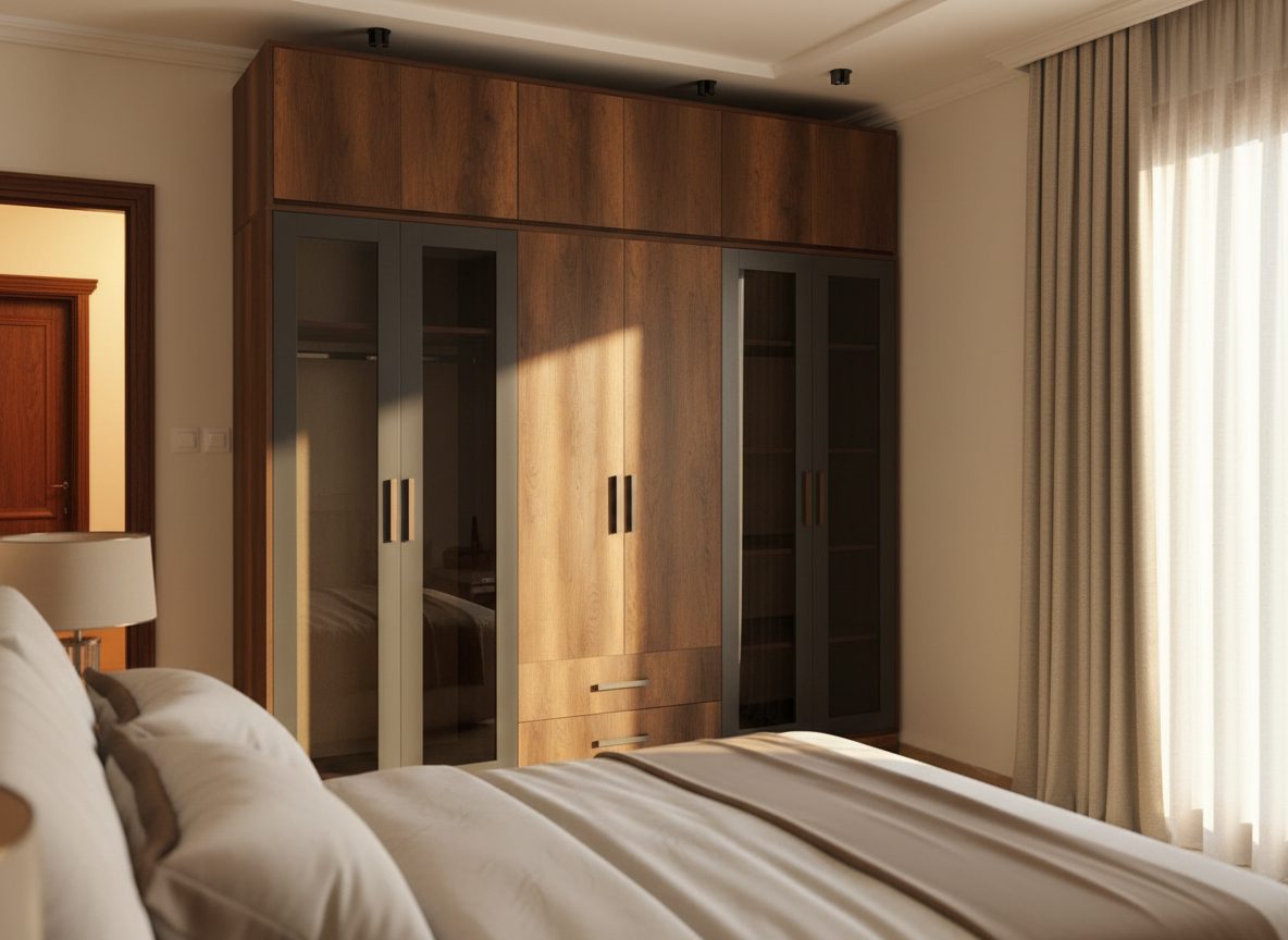 Bedroom with a tall walnut wardrobe wall