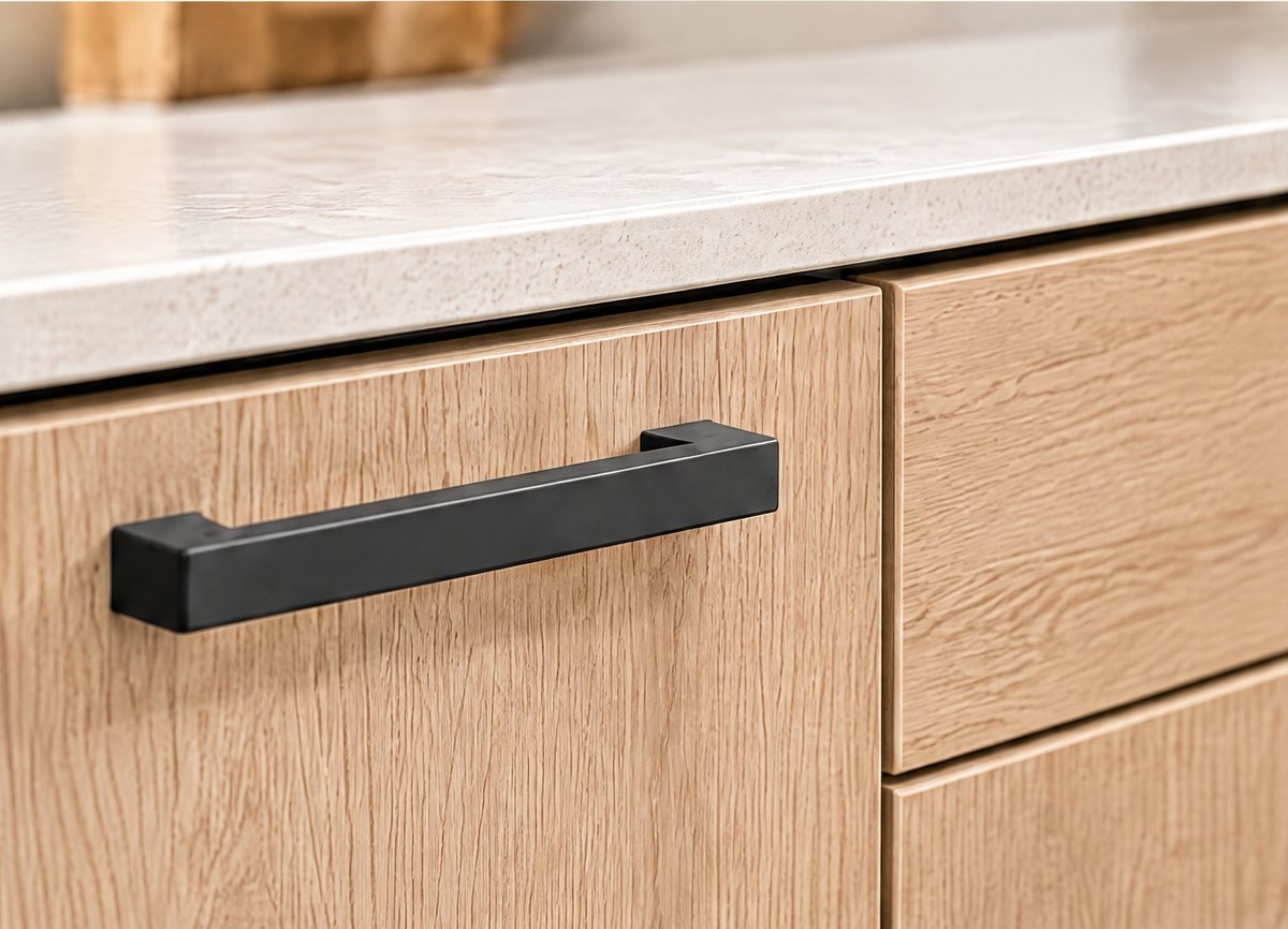 Detail of a black handle on a light wood front under a stone worktop