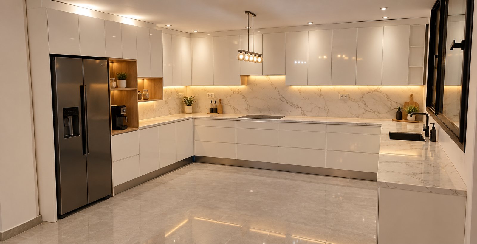 White high-gloss U-shaped kitchen with a marble backsplash and a stainless steel fridge