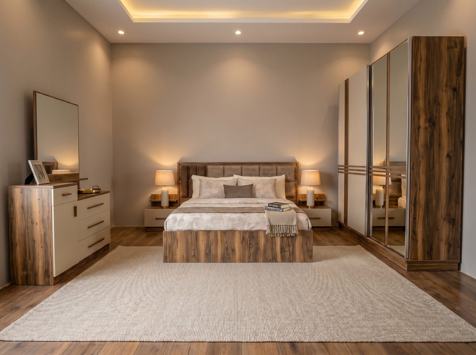 Nil bedroom set with bed, dresser and wardrobe under warm ceiling lighting