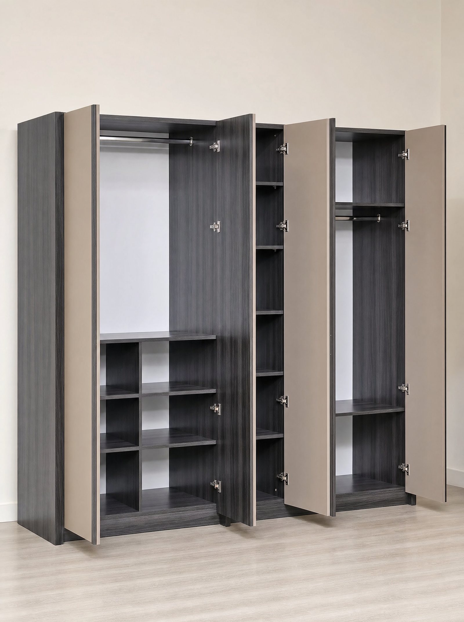 Siena wardrobe open, showing hanging rails and shelves