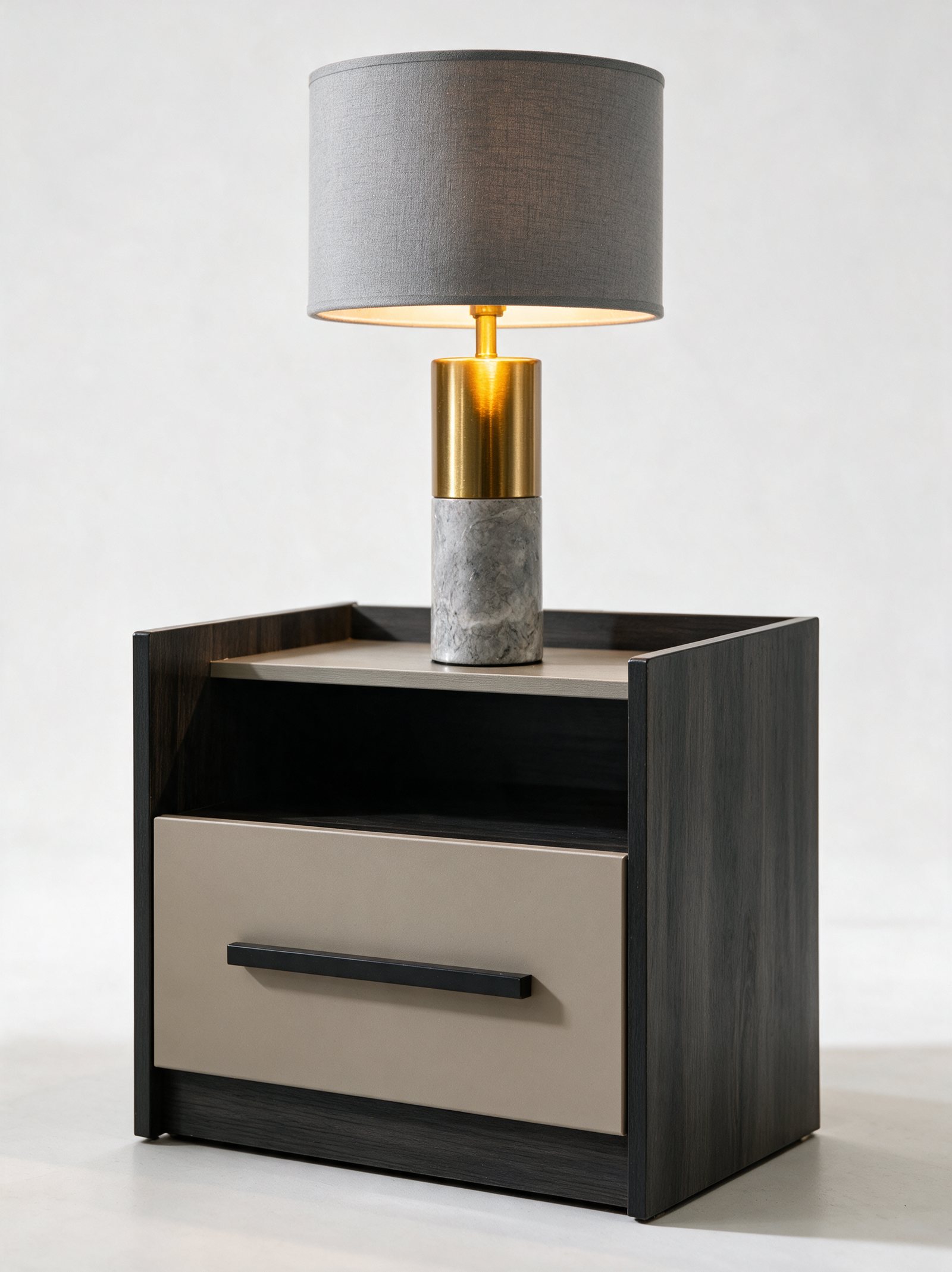 Siena nightstand close up, with a taupe drawer front and a black bar handle