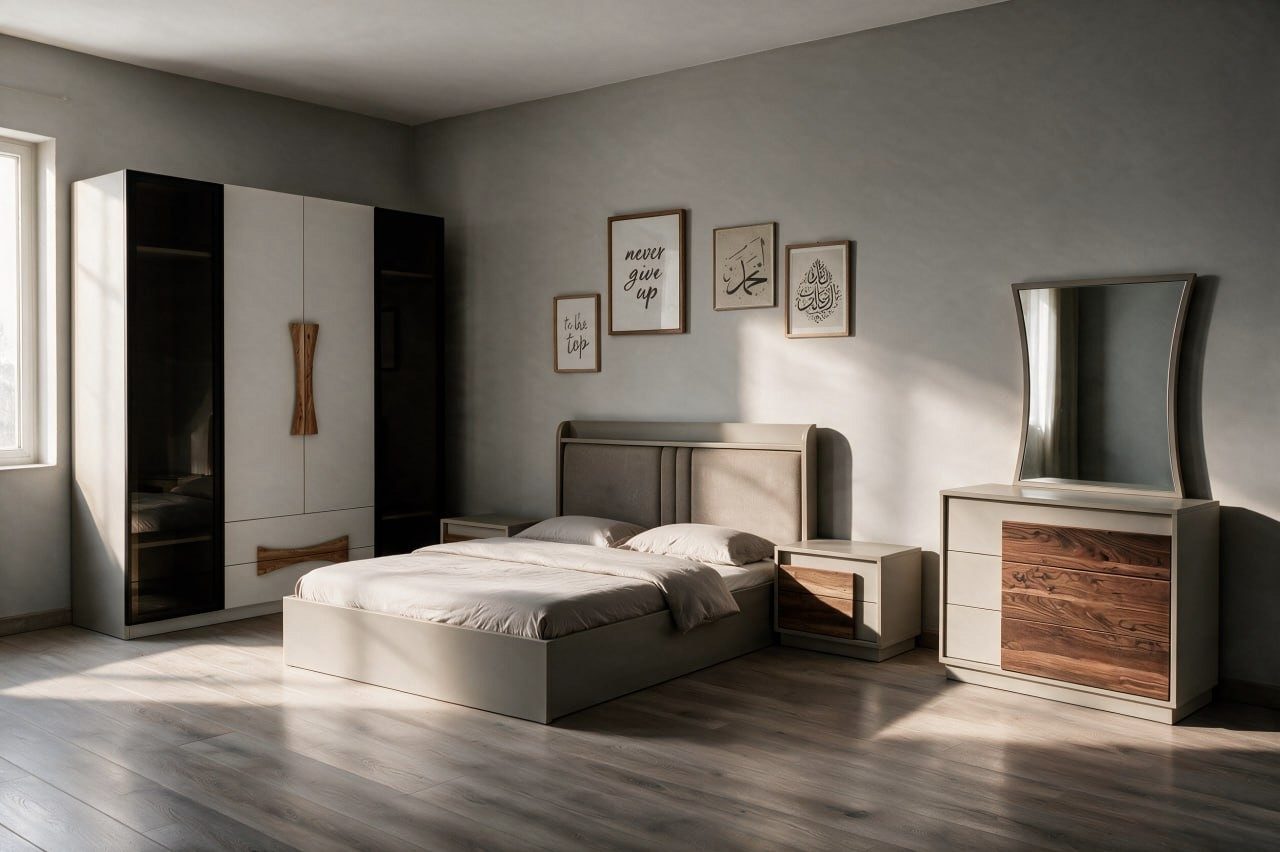 Zinit bedroom set: wardrobe with glass sides, upholstered bed, nightstands and dresser with a curved mirror